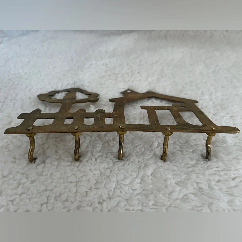 Vintage Solid Brass 5- Hook Key Holder House and Tree Wall Mount